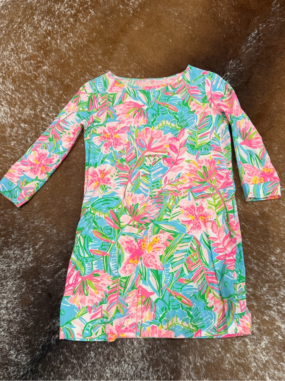 Lilly Pulitzer Girls XL 12/14 Ants on Parade Tropical Floral 3/4 Sleeve Dress